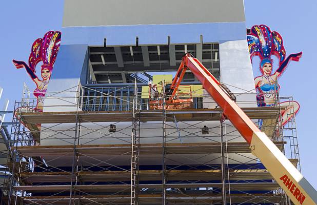 A view of construction on the SlotZilla lower zipline in downtown Las Vegas Monday, Sept. 23, 2013. The take-off tower is an 128-foot tall, 12-story slot machine-themed platform. The $11.5 million attraction is expected to open later this year.