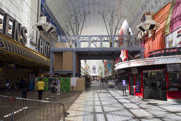 A view of a SlotZilla landing platform for the lower zipline is shown in downtown Las Vegas Monday, Sept. 23, 2013. The take-off tower is an 128-foot tall, 12-story slot machine-themed platform. The $11.5 million attraction is expected to open later this year.