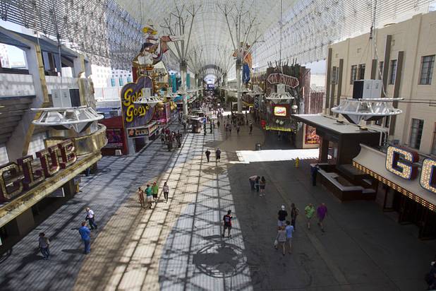 A view from a SlotZilla upper zoomline landing platform in downtown Las Vegas Monday, Sept. 23, 2013. The take-off tower is an 128-foot tall, 12-story slot machine-themed platform. The $11.5 million attraction is expected to open later this year.