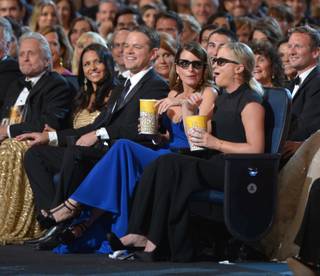 Michael Douglas, Luciana Barroso, Matt Damon, Tina Fey and Amy Poehler in the audience at the 65th Primetime Emmy Awards at Nokia Theatre on Sunday Sept. 22, 2013, in Los Angeles. 