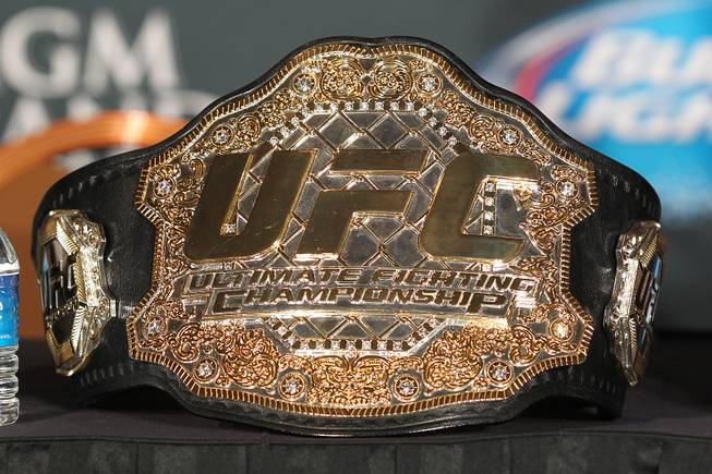 Chris Weidman's belt is seen during a news conference to promote his December fight against Anderson Silva at UFC 168 Tuesday, Sept. 24, 2013.