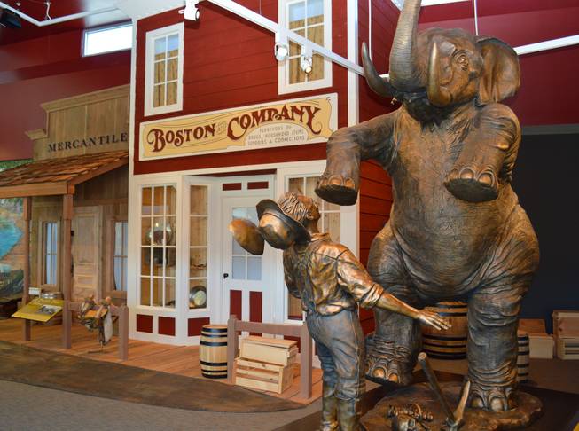 A statute of an emigrant confronting an elephant welcomes visitors at the California Trail Interpretive Center, west of Elko. 