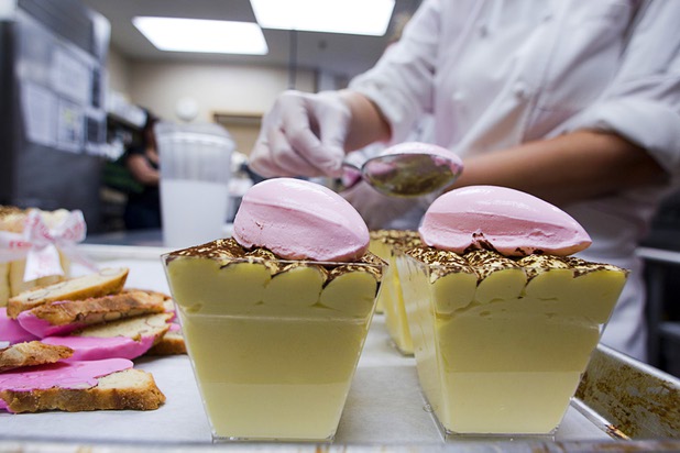 Pastry chef Megan Hirdman puts pink whipped cream on top of terramisu at the Red Rock Resort bakery Tuesday, Oct. 1, 2013. Station Casinos is hosting its fourth annual "Project Pink" initiative for National Breast Cancer Awareness Month. Throughout October, the majority of station properties will donate a portion of its proceeds from Project Pink retail sales and Pink gaming winnings to the Southern Nevada affiliate of Susan G. Komen, an organization supporting breast cancer research.