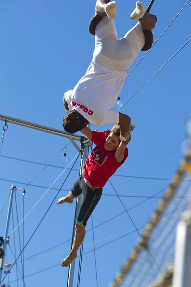 Terry Cavaretta-St.Jules, 60, owner of Terry Cavaretta Trapeze Experience practices with catcher Izzie Yaakub, 33, at the Las Vegas Sports Park, 1400 N. Rampart Blvd., Wednesday, Oct. 2, 2013. The Trapeze Experience will celebrate their grand opening at the Sports Park Friday, Oct. 4. There will be a free show, open to the public, from 4 p.m. to 6 p.m.