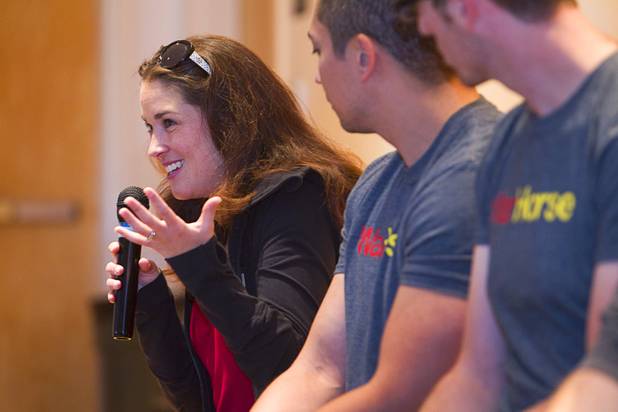 Mairi Babb, a War Horse head puppeteer/horse captain, responds to a question during a visit with sixth-graders at Cram Middle School on Thursday, Oct. 3, 2013. One hundred Cram students and teachers will attend a performance of “War Horse,” part of Smith Center's Broadway series, at the center Friday.