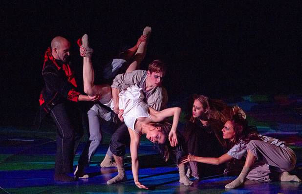 Cirque du Soleil artists and dancers, from left, Nicholas Card, Braeden Barnes, Jenn Stafford, Leigh Collins and Sandrine Mattei, perform in "Dustbowl," choreography by Andre Kasten, during "A Choreographers' Showcase," a presentation by the Nevada Ballet Theatre and Cirque du Soleil in the Mystere Theatre at the Treasure Island Sunday, Oct. 6, 2013. Another performance is scheduled for October 13.