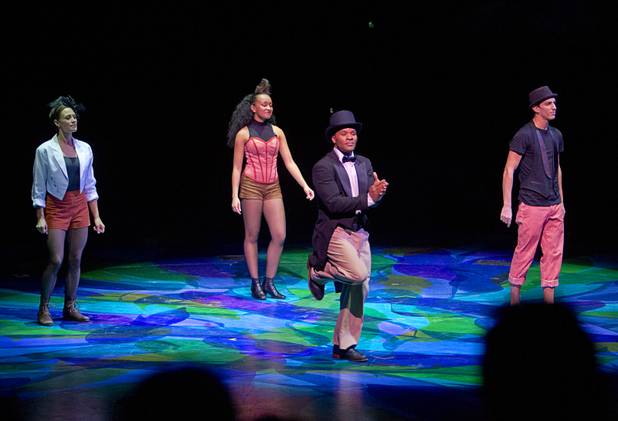 Performers, from left, Isabelle Thomas, Ariel Triunfo, Jason Nious and Greg Pennes, are shown in "Ke Nako," choreography by Jason Nious, during "A Choreographers' Showcase," a presentation by the Nevada Ballet Theatre and Cirque du Soleil in the Mystere Theatre at the Treasure Island Sunday, Oct. 6, 2013. Another performance is scheduled for October 13.