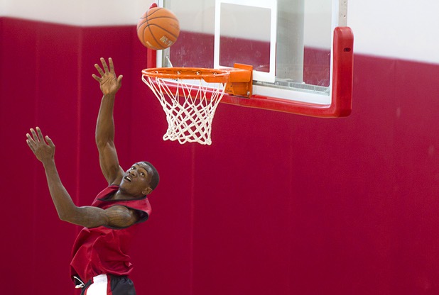 Savon Goodman puts up a ball during the first UNLV basketball practice of the season at UNLV's Mendenhall Center Monday, Oct. 7, 2013.