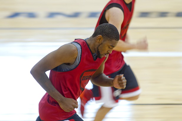 Roscoe Smith runs with teammates during the first UNLV basketball practice of the season at UNLV's Mendenhall Center Monday, Oct. 7, 2013.