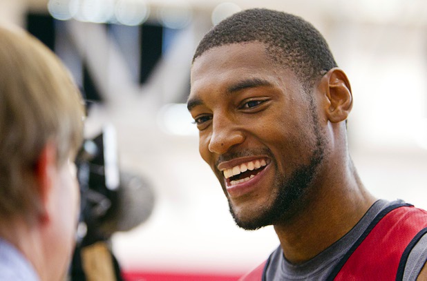 Roscoe Smith talks with reporters during the first UNLV basketball practice of the season at UNLV's Mendenhall Center Monday, Oct. 7, 2013.