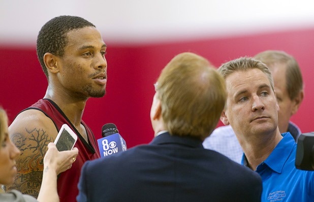 Bryce Dejean-Jones talks with reporters during the first UNLV basketball practice of the season at UNLV's Mendenhall Center Monday, Oct. 7, 2013.