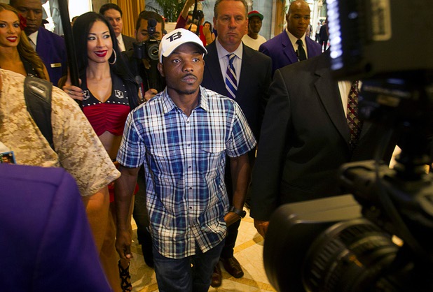 Undefeated WBO welterweight champion Timothy Bradley Jr.   arrives at the Wynn Las Vegas Resort Tuesday, Oct. 8, 2013. Bradley will defend his title against Juan Manuel Marquez of Mexico at the Thomas & Mack Center Saturday.