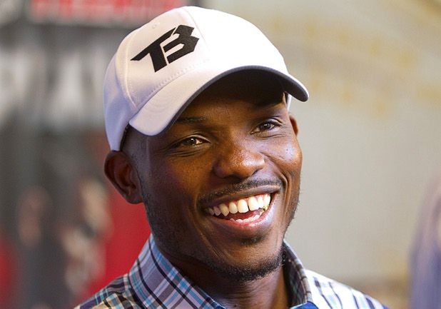 Undefeated WBO welterweight champion Timothy Bradley Jr.   smiles during media interviews at the Wynn Las Vegas Resort Tuesday, Oct. 8, 2013. Bradley will defend his title against Juan Manuel Marquez of Mexico at the Thomas & Mack Center Saturday.