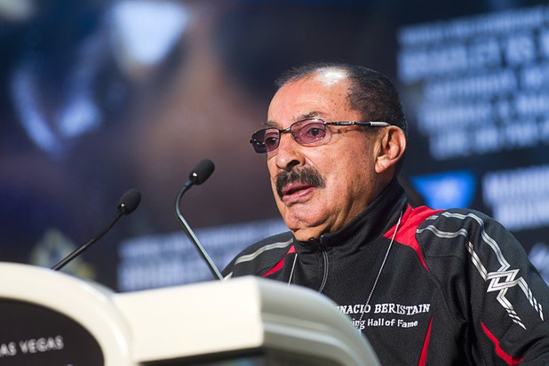 Ignacio "Nacho" Beristain, head trainer for Mexican boxer Juan Manuel Marquez, speaks during a news conference at the Wynn Las Vegas Resort Wednesday, Oct. 9, 2013. Marquez will challenge undefeated WBO welterweight champion Timothy Bradley Jr.  for the title at the Thomas & Mack Center Saturday.