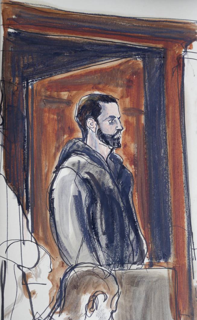 In a court sketch Wojciech Braszczok is seen in criminal court in New York, Wednesday, Oct. 9, 2013. Braszczok, an undercover police detective, was arrested as fallout from a burst of motorcyclist mayhem reached a new level, with investigators saying the officer was shown on video hitting and kicking an SUV before bikers attacked its driver.