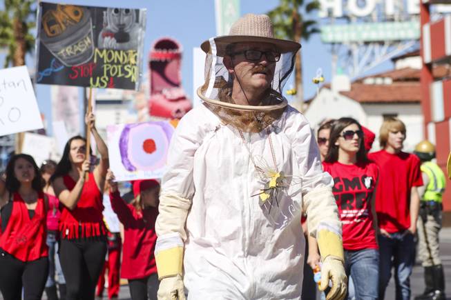 A protester in a beekeeper outfit walks down Fremont Street during the "March Against Monsanto" protest opposing genetically modified food in downtown Las Vegas, Saturday, Oct. 12, 2013.