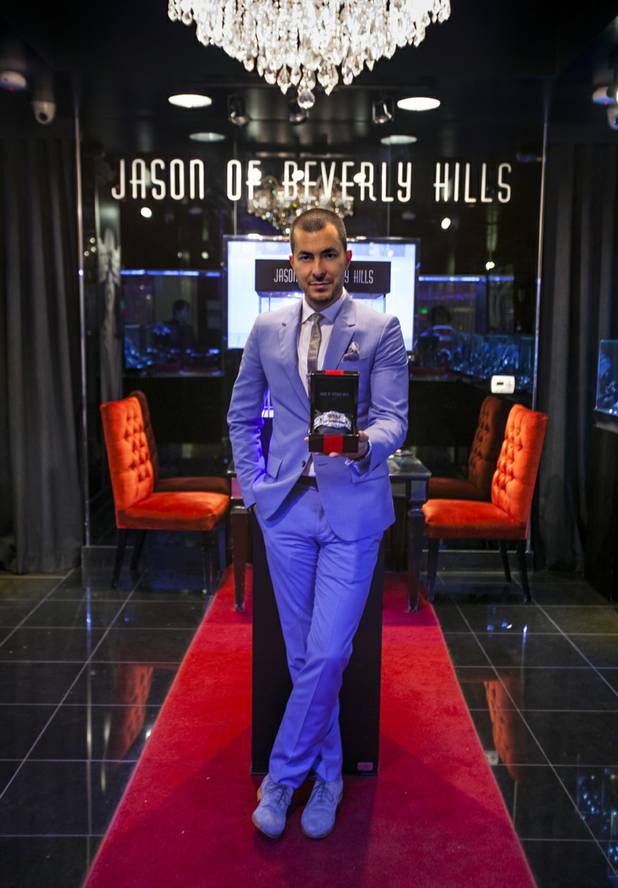 Jason Arasheben, owner of Jason of Beverly Hills, designed the $500,000 2013 World Series of Poker championship bracelet. He shows it off on Thursday, Oct. 10, 2013, in his store in the Cosmopolitan.