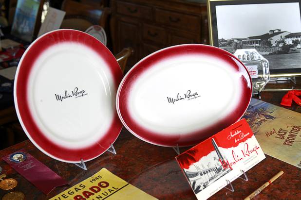 China from the Moulin Rouge, part of Steve Cutler's collection of Las Vegas memorabilia, is shown at Cutler's home Wednesday, Oct. 16, 2013. Moulin Rouge, the first desegregated hotel-casino in Las Vegas, opened in May 1955 but closed in November of the same year. 
