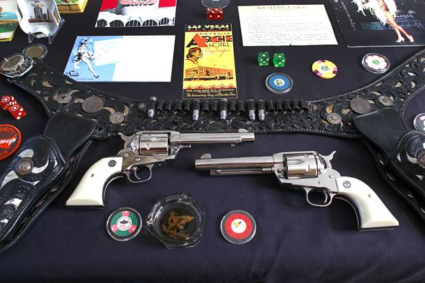 Pistols owned by entertainer Nelson Sardelli, part of Steve Cutler's collection of Las Vegas memorabilia, is shown at Cutler's home Wednesday, Oct. 16, 2013. Sardelli included a gun-twirling performance in his act. Cutler, founder of Casino Legends Hall of Fame, used to display his collection in a museum at the Tropicana but is now looking for a new way to display the collection.