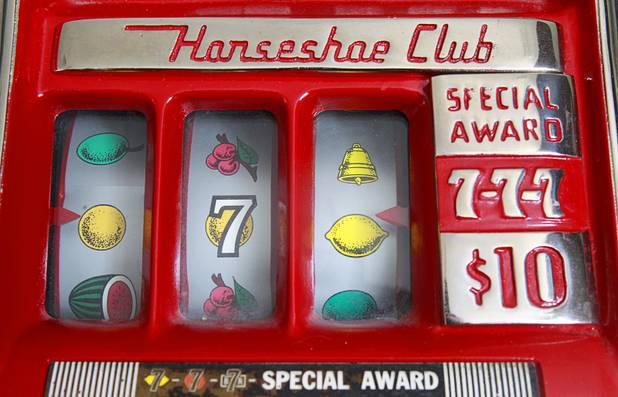 A vintage slot machine from the Horseshoe Club, part of Steve Cutler's collection of Las Vegas memorabilia, is shown at Cutler's home Wednesday, Oct. 16, 2013. Cutler, founder of Casino Legends Hall of Fame, used to display his collection in a museum at the Tropicana but is now looking for a new way to display the collection.