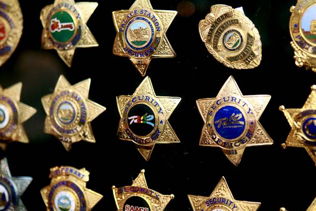 A display of casino security office badges, part of Steve Cutler's collection of Las Vegas memorabilia, is shown at Cutler's home Wednesday, Oct. 16, 2013. Cutler, founder of Casino Legends Hall of Fame, used to display his collection in a museum at the Tropicana but is now looking for a new way to display the collection.
