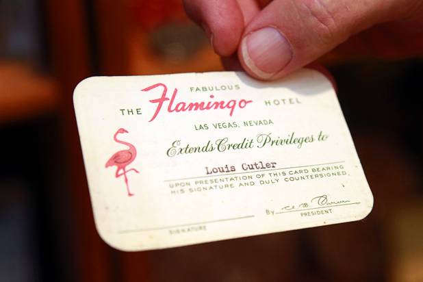 A Flamingo card allowing for casino credit, part of Steve Cutler's collection of Las Vegas memorabilia, is shown at his home Wednesday, Oct. 16, 2013. The card belonged to Cutler's uncle. Cutler, founder of Casino Legends Hall of Fame, used to display his collection in a museum at the Tropicana but is now looking for a new way to display the collection.