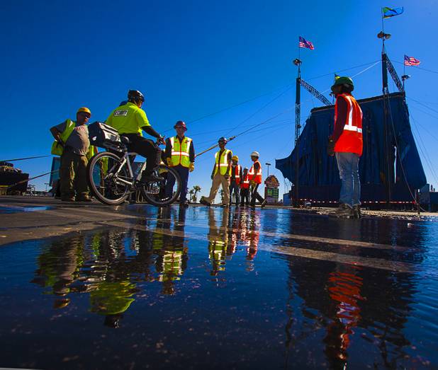While setting up the big top Circus Vargas members struck a water line the city failed to mark beneath the parking lot at the Galleria on Sunset  Tuesday, Oct. 15, 2013.  L.E. Baskow.