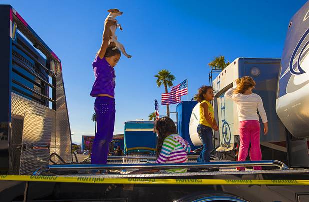(From left) Circus Vargas kids Sophia Marinelli, 6, with dog Bambi, Graciella Quiroga, 5, Gia Rivera, 5, and Natalie Jiminez, 6, play around on a pickup truck as the big top is erected at the Galleria on Sunset Tuesday, Oct. 15, 2013.  L.E. Baskow.