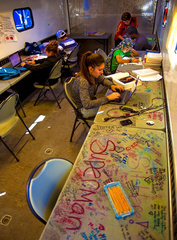 Circus Vargas kids have school every weekday on the road in a modified trailer that serves as a classroom Thursday, Oct. 17, 2013.  L.E. Baskow.