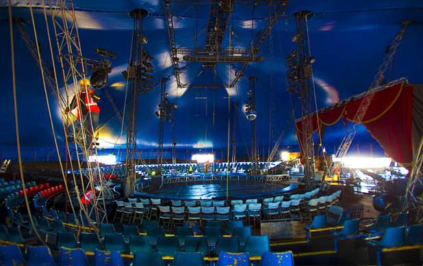 Circus Vargas member Hubert Ortiz hangs lights in the big top as they get ready for the upcoming performances at the Galleria on Sunset  Wednesday, Oct. 16, 2013.  L.E. Baskow.
