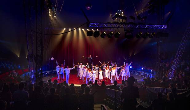 The cast of Circus Vargas stand before the applauding crowd at the end of their opening night performance at the Galleria on Sunset  Thursday, Oct. 17, 2013.  L.E. Baskow.