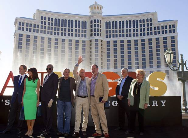 Cast members of "Last Vegas" and director Jon Turteltaub, right, pose during a ceremony in front of the Bellagio Friday, Oct. 18, 2013. Actors from left: Kevin Kline, Mary Steenburgen, Morgan Freeman, Robert De Niro, and Michael Douglas. Las Vegas Mayor Carolyn Goodman (far right) and Clark County Commission Chairman Steve Sisolak (2nd right) declared Oct. 18, 2013 to be "Last Vegas Day" in Las Vegas and Clark County. The movie by CBS Films opens nationwide on November 1.