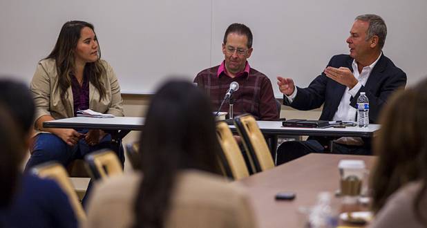 (From left) Panelists Gregan Wingert, Michael Green and Brian Greenspun respond to questions from those attending the Las Vegas pro chapter Society of Professional Journalists panel discussion at the Nevada State Museum at the Springs Preserve Saturday, Oct. 19, 2013.
