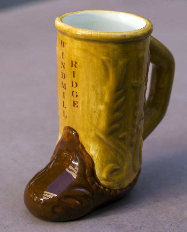 A small Windmill Ridge ceramic boot, one of the Finding Nevada souvenirs that Matt and Mike have been collecting Sunday, October 20, 2013.