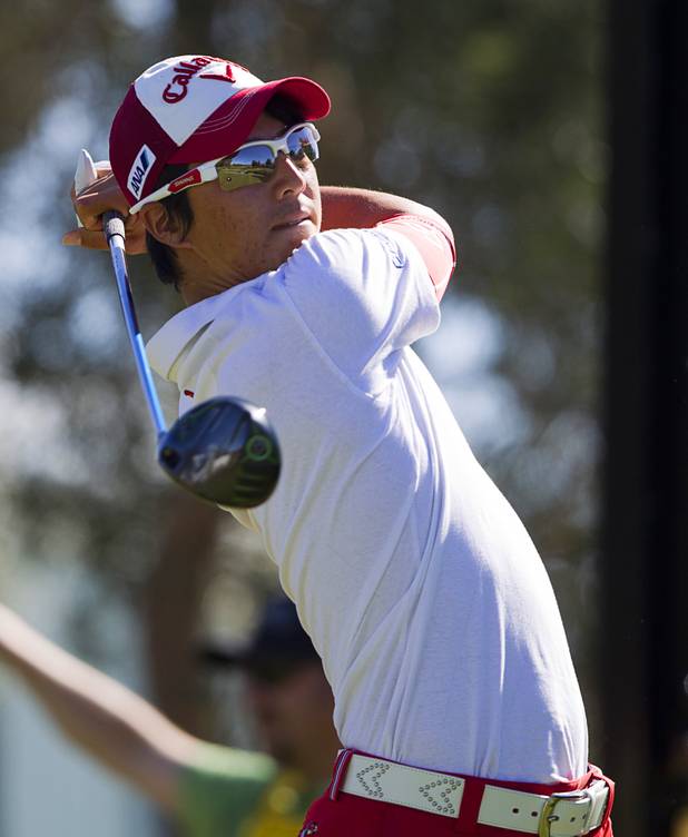 Ryo Ishikawa of Japan drives from the 9th tee during the Shriners Hospital for Children Open at TPC Summerlin Sunday Oct. 20, 2013.