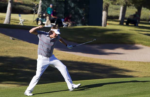 Jeff Overton of Evansville, Ind. celebrates after an eagle on the 15th during the Shriners Hospital for Children Open at TPC Summerlin Sunday Oct. 20, 2013.