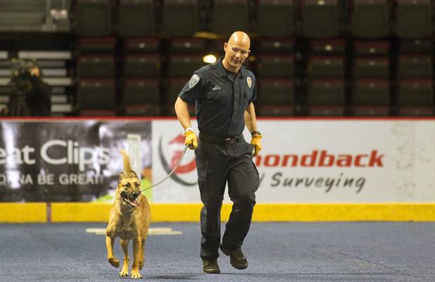 Salt Lake City Police Officer Luis Lovato and his partner Onyx leave the arena floor after completing an obstacle course during 23rd Annual Police K-9 Trials at the Orleans Arena Sunday, Oct. 20, 2013. Sixty teams from across the country participated in the trials. The event was sponsored by Friends for Las Vegas Police K-9's and hosted by the Las Vegas Metropolitan Police Department.