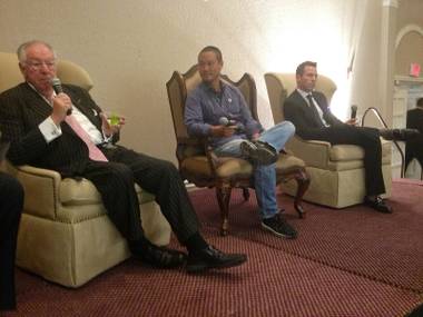 Former Las Vegas Mayor Oscar Goodman, from left, is shown at a forum discussion with Zappos CEO Tony Hsieh and Seth Schorr, head of the Downtown Grand, Monday, Oct. 21, 2013.