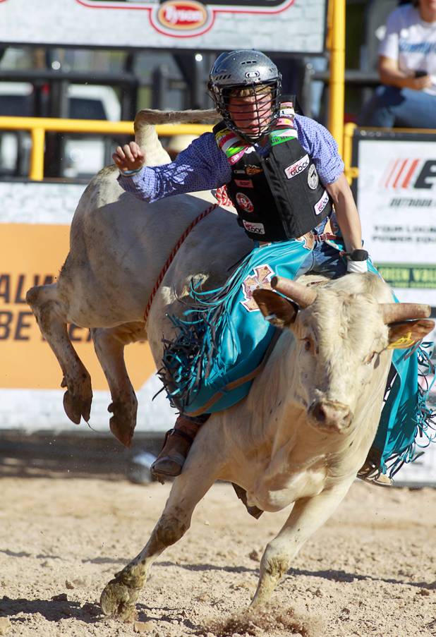 Daniel Keeping rides a bull during the Chris Shivers Miniature Bull Riding (MBR) World Finals at Mandalay Bay Thursday, Oct. 24, 2013. The MBR features junior riders ages 8 to11 and senior riders ages 12 to 14. The event was part of the the 2013 Professional Bull Riders Built Ford Tough World Finals.