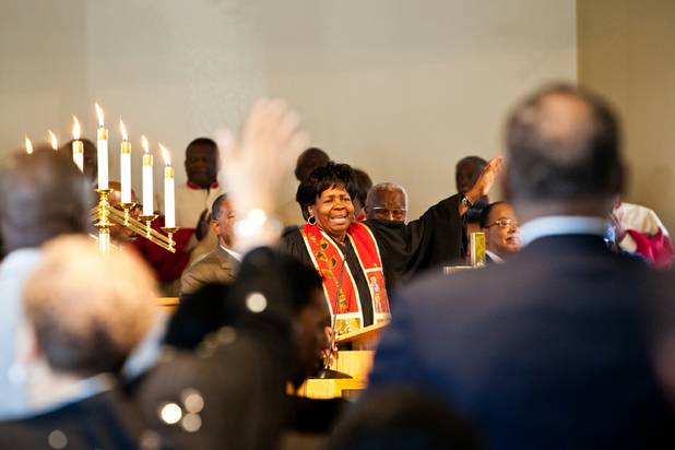 Reverend Camille Crawford speaks during the morning service at the First African Methodist Episcopal Church in Las Vegas on Sunday, Oct. 27, 2013.