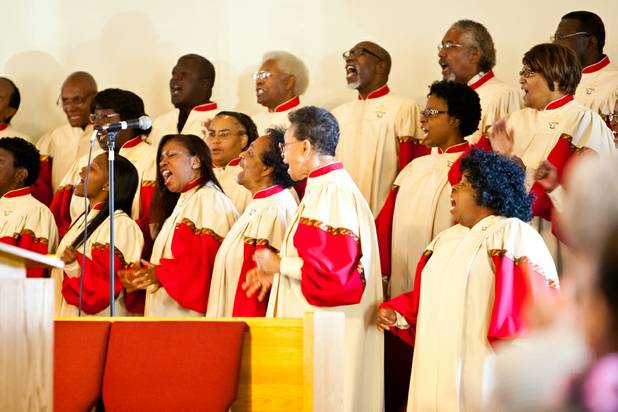Choir members rock the church with songs of praise during the morning service at the First African Methodist Episcopal Church in Las Vegas on Sunday, Oct. 27, 2013.