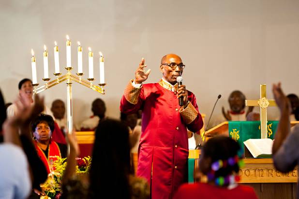 Pastor Dr. Ralph Williamson speaks to the congregation during the morning service at the First African Methodist Episcopal Church in Las Vegas on Sunday, Oct. 27, 2013.
