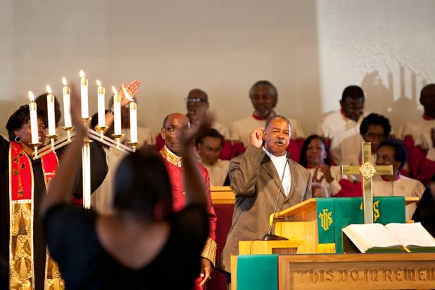 Minister-in-training Kenneth Arbuckle delivers the sermon during the morning service at the First African Methodist Episcopal Church in Las Vegas on Sunday, Oct. 27, 2013.