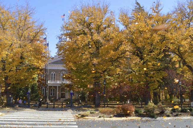 Wind blows leaves in front of the state Capitol in Carson City on Sunday, Oct. 27, 2013.