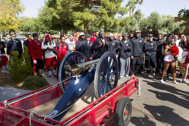 The Fremont cannon arrives for a painting ceremony on UNLV campus Monday, Oct. 28, 2013. The UNLV football team beat Reno Saturday 27-22 to break an eight-year losing streak in the rivalry game and gain possession of the Fremont cannon.