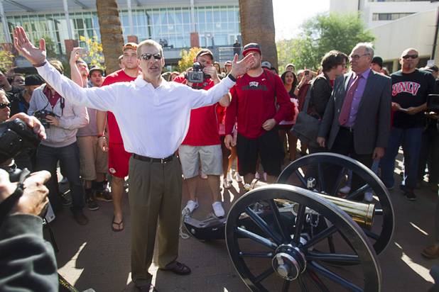 UNLV football head coach Bobby Hauck speaks before a cannon-painting ceremony on UNLV's campus Monday, Oct. 28, 2013. The UNLV football team beat UNR 27-22 two days earlier to break an eight-year losing streak in the rivalry game and gain possession of the Fremont Cannon.