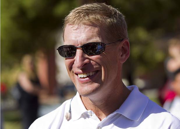 UNLV head coach Bobby Hauck smiles during a cannon painting ceremony on UNLV campus Monday, Oct. 28, 2013. The UNLV football team beat Reno Saturday 27-22 to break an eight-year losing streak in the rivalry game and gain possession of the Fremont cannon.