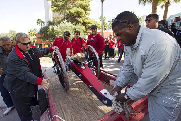 The Fremont cannon heads to the UNLV paint shop after a painting ceremony on UNLV campus Monday, Oct. 28, 2013. The UNLV football team beat Reno Saturday 27-22 to break an eight-year losing streak in the rivalry game and gain possession of the Fremont cannon.