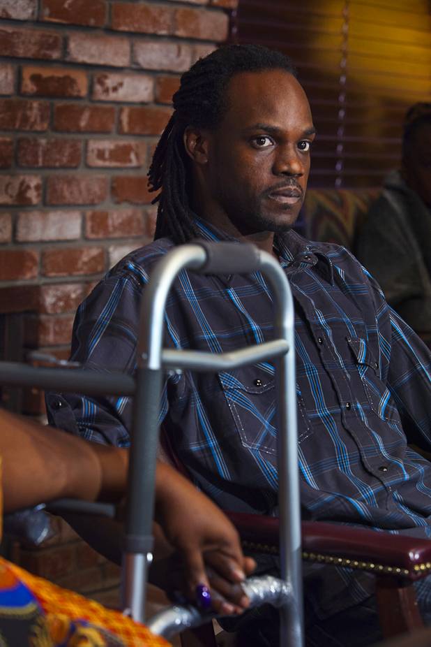 Antoine Hodges, shot by a Metro Police officer while getting gas at a convenience store Oct. 21, is shown during a news conference at his attorney's office Friday, Nov. 1, 2013.