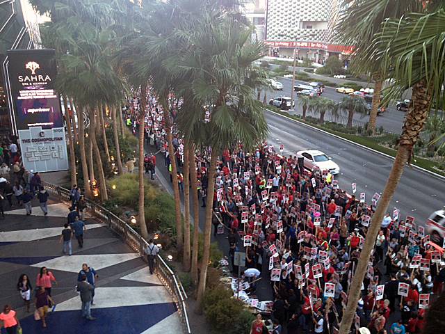 Culinary Union members and supporters protest in front of the Cosmopolitan, Friday, Nov. 1, 2013.